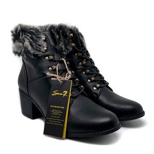 Seven7 Womens Migos Faux Leather Faux Fur Ankle Boots Block Heel Black Size 10